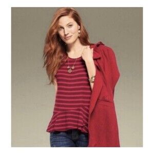 Cabi 3631 Womens Red Stripes Tee Scoop Neck Ruffled Peplum Top Shirt S Small